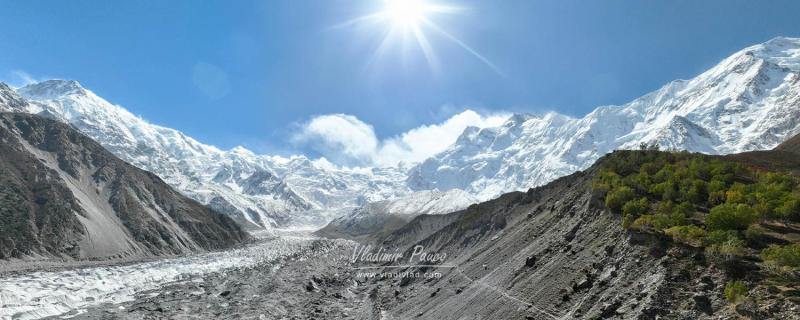 Panoramic view of Raikot glacier tongue, trail and Nanga Parbat, Pakistan