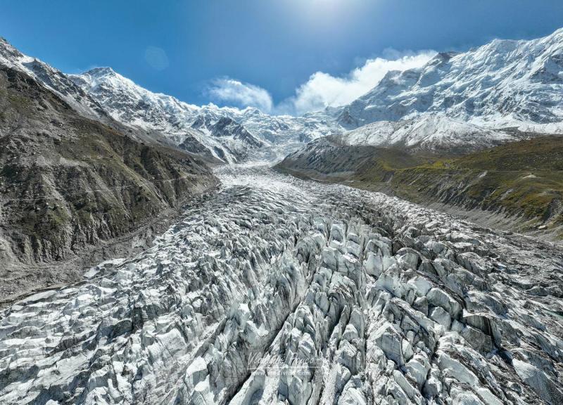 Amazing shot of Raikot glacier tongue, peaks, and Nanga Parbat, Pakistan