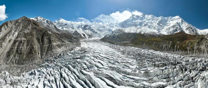 Amazing panorama shot of Raikot glacier tongue, peaks, and Nanga Parbat, Pakistan